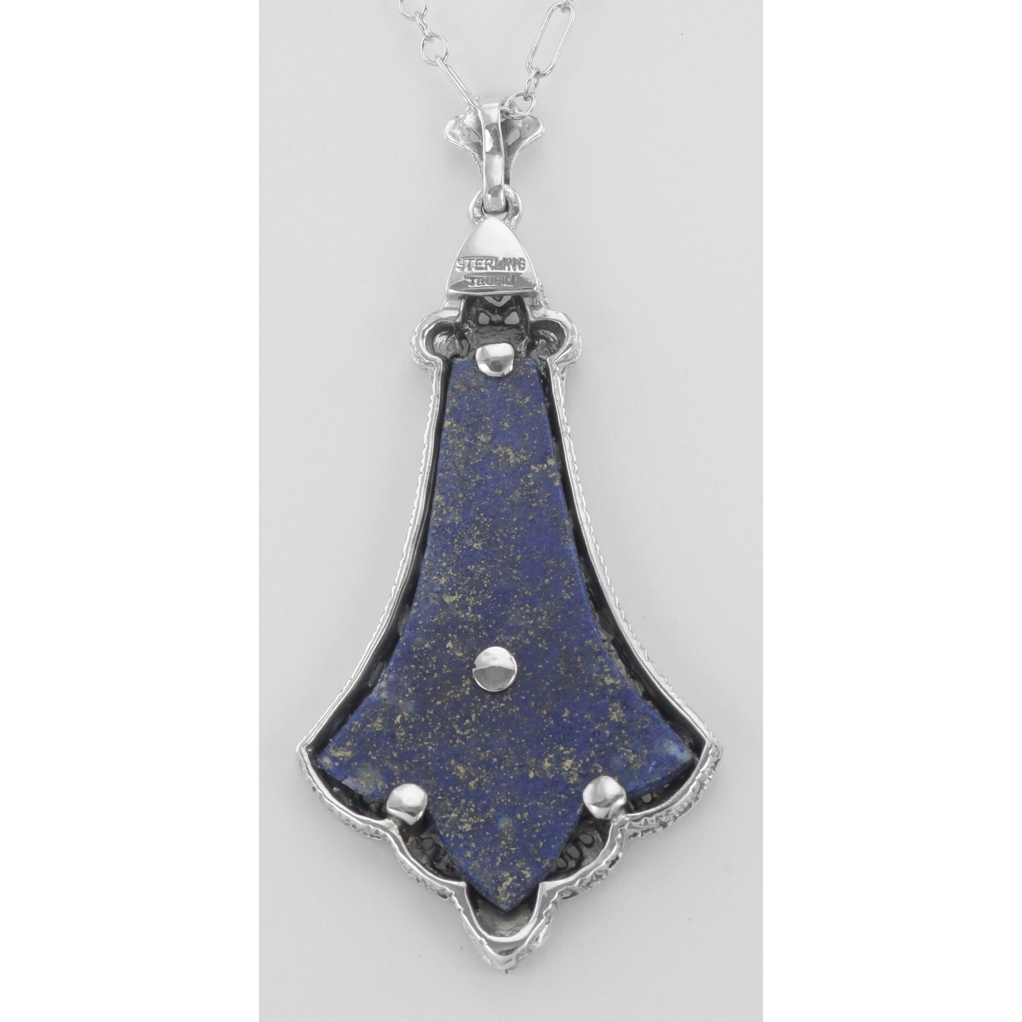 Back view of Victorian Blue Lapis Filigree Diamond Pendant showing 925 sterling silver hallmark and spring ring clasp