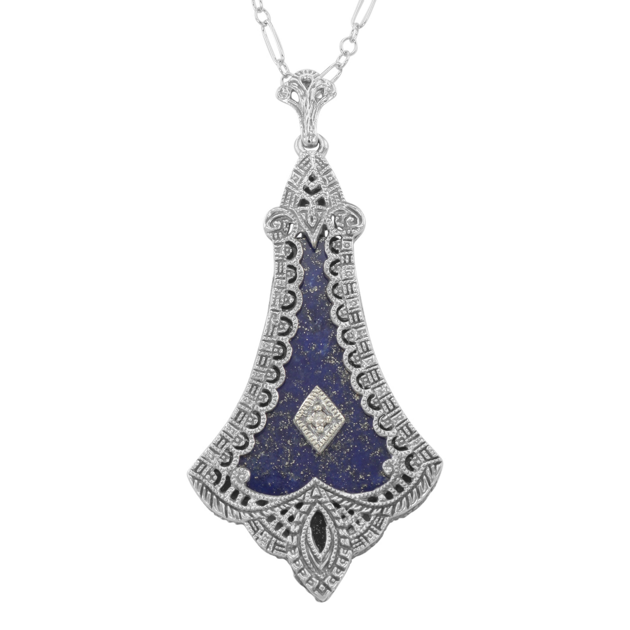 Victorian style, Diamond, Lapis, sterling silver pendants, front view