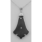 Back view of Art Deco Style Black Onyx Filigree Pendant with Diamond showing 925 sterling silver hallmark and spring ring cla