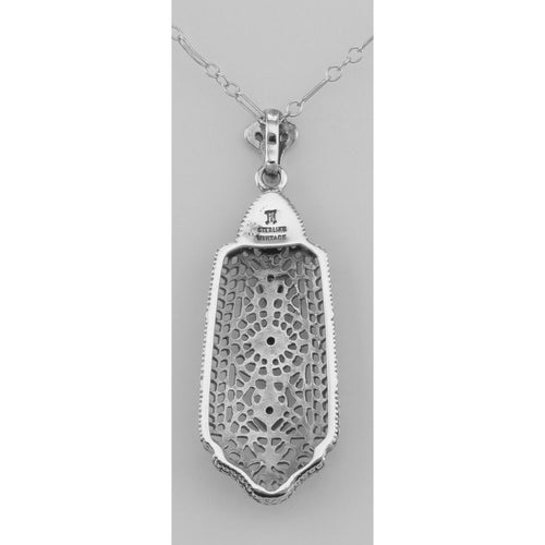 Back view of Art Deco Style 3 Diamond Filigree Pendant showing 925 sterling silver hallmark and spring ring clasp