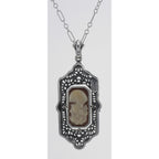 Back view of Italian Shell Cameo / Onyx Filigree Flip Pendant showing 925 sterling silver hallmark and spring ring clasp