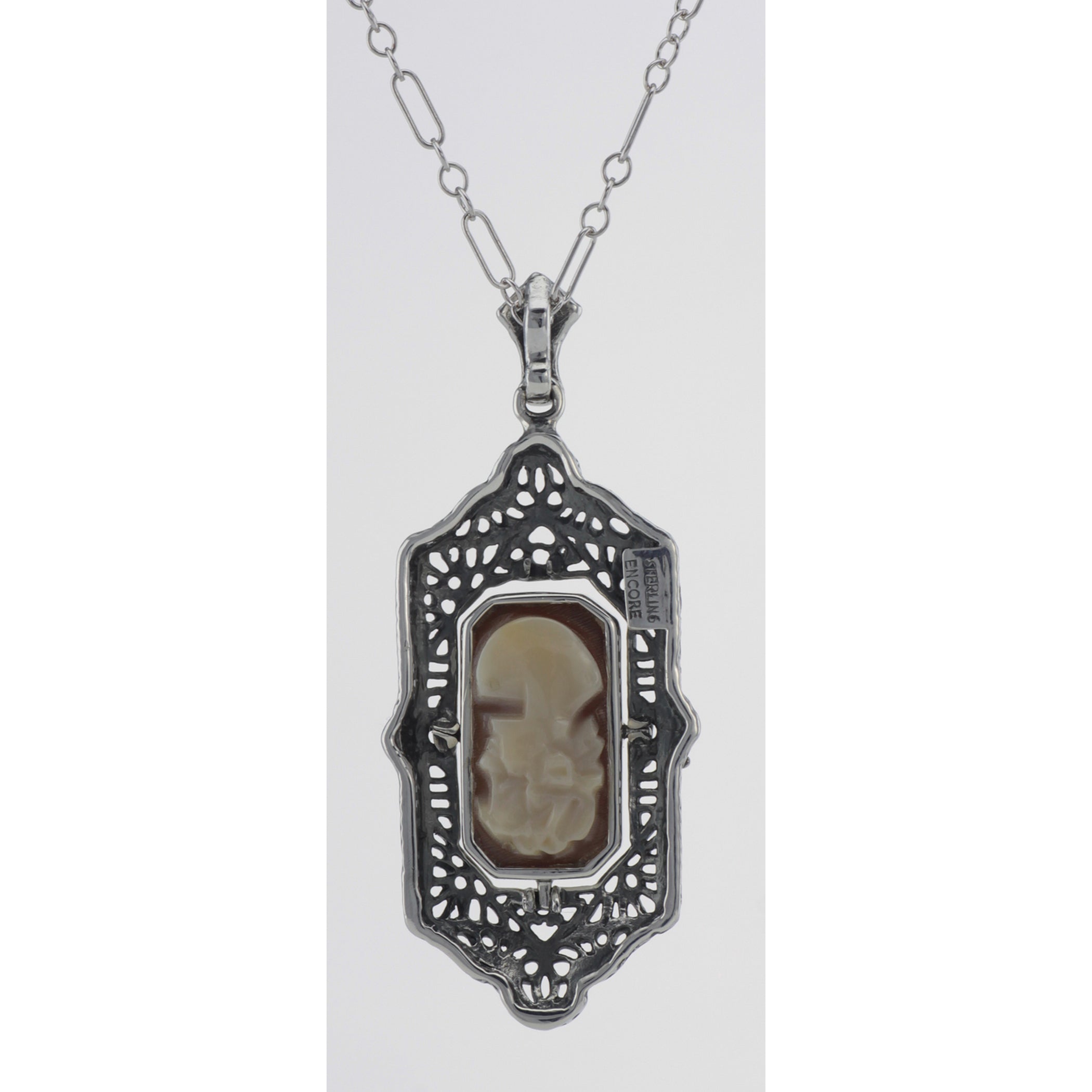 Back view of Italian Shell Cameo / Onyx Filigree Flip Pendant showing 925 sterling silver hallmark and spring ring clasp