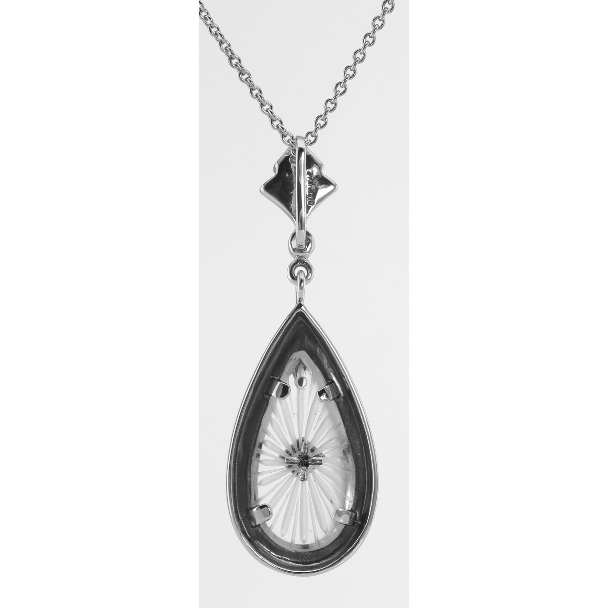 Back view of Art Deco Style Sunray Crystal and Marcasite Pendant showing 925 sterling silver hallmark and spring ring clasp