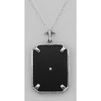 Back view of Art Deco Style Onyx / Diamond Pendant with Chain showing 925 sterling silver hallmark and spring ring clasp