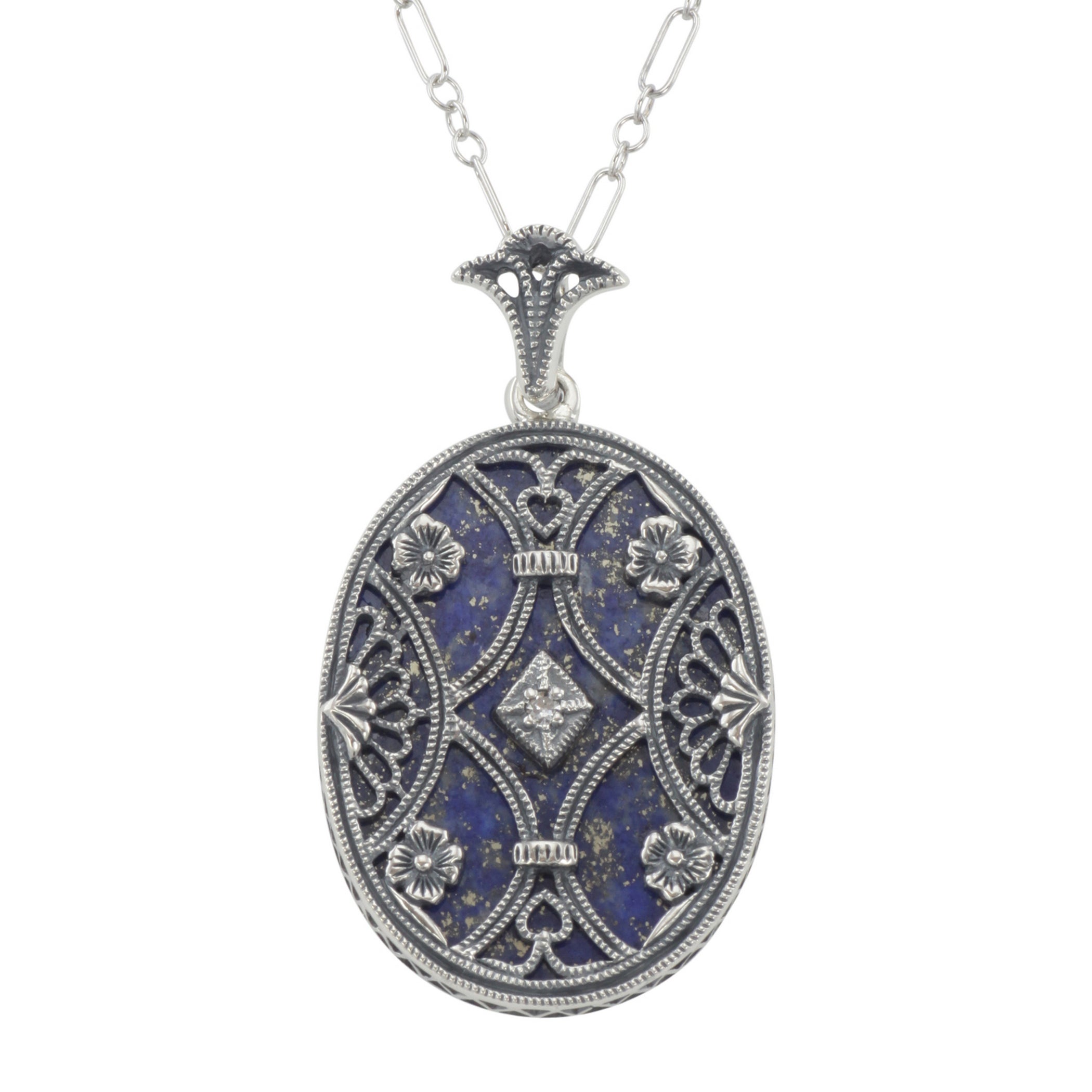 Filigree, Diamond, Lapis, sterling silver pendants, front view