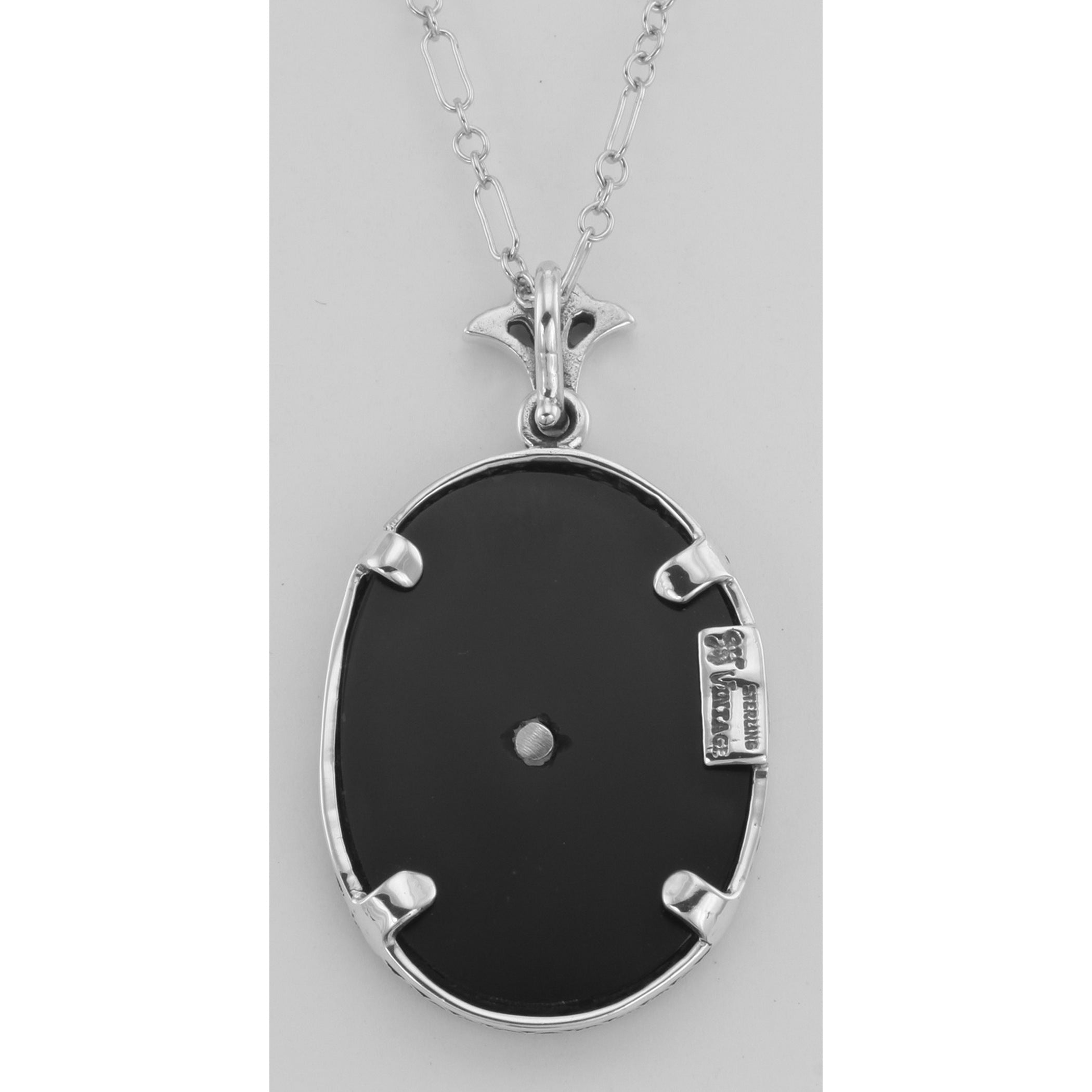 Back view of Black Onyx Filigree Diamond Pendant with Chain showing 925 sterling silver hallmark and spring ring clasp