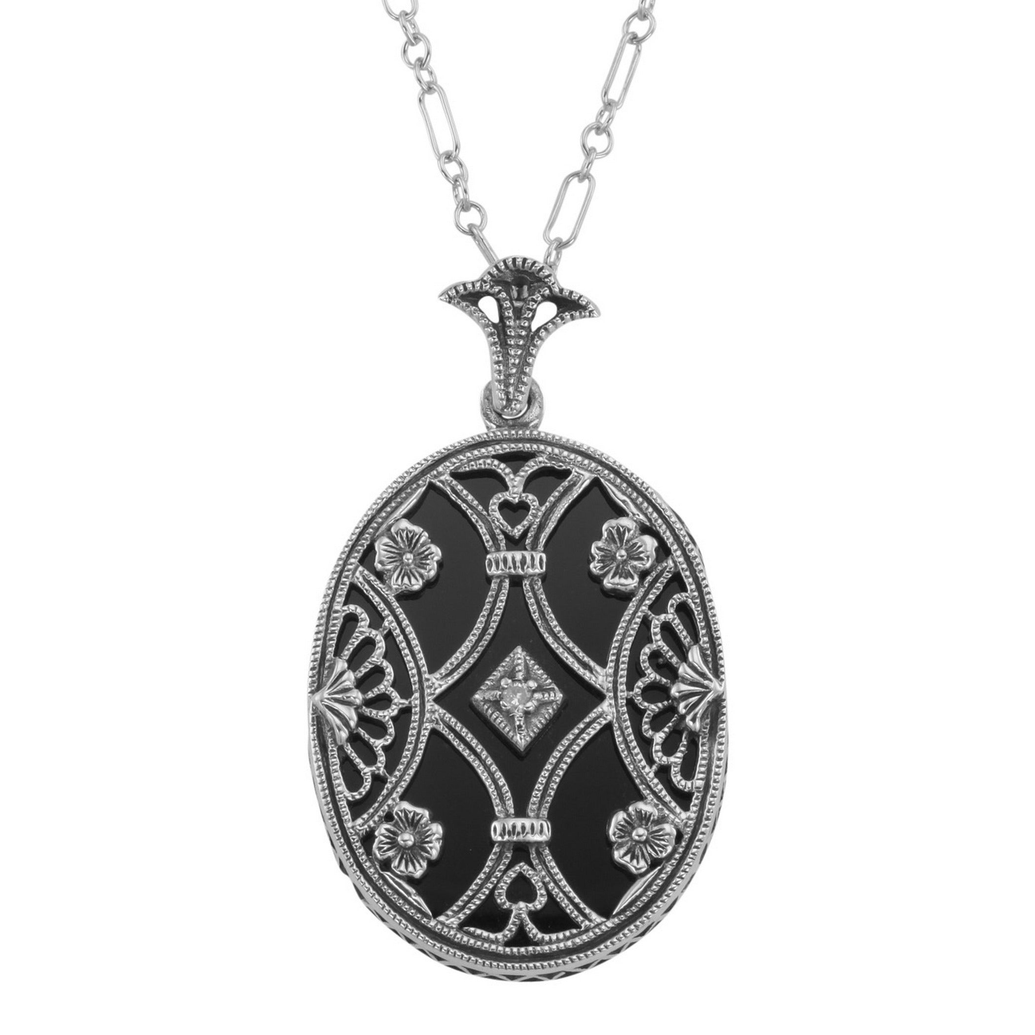 Filigree, Diamond, Black Onyx, sterling silver pendants, front view