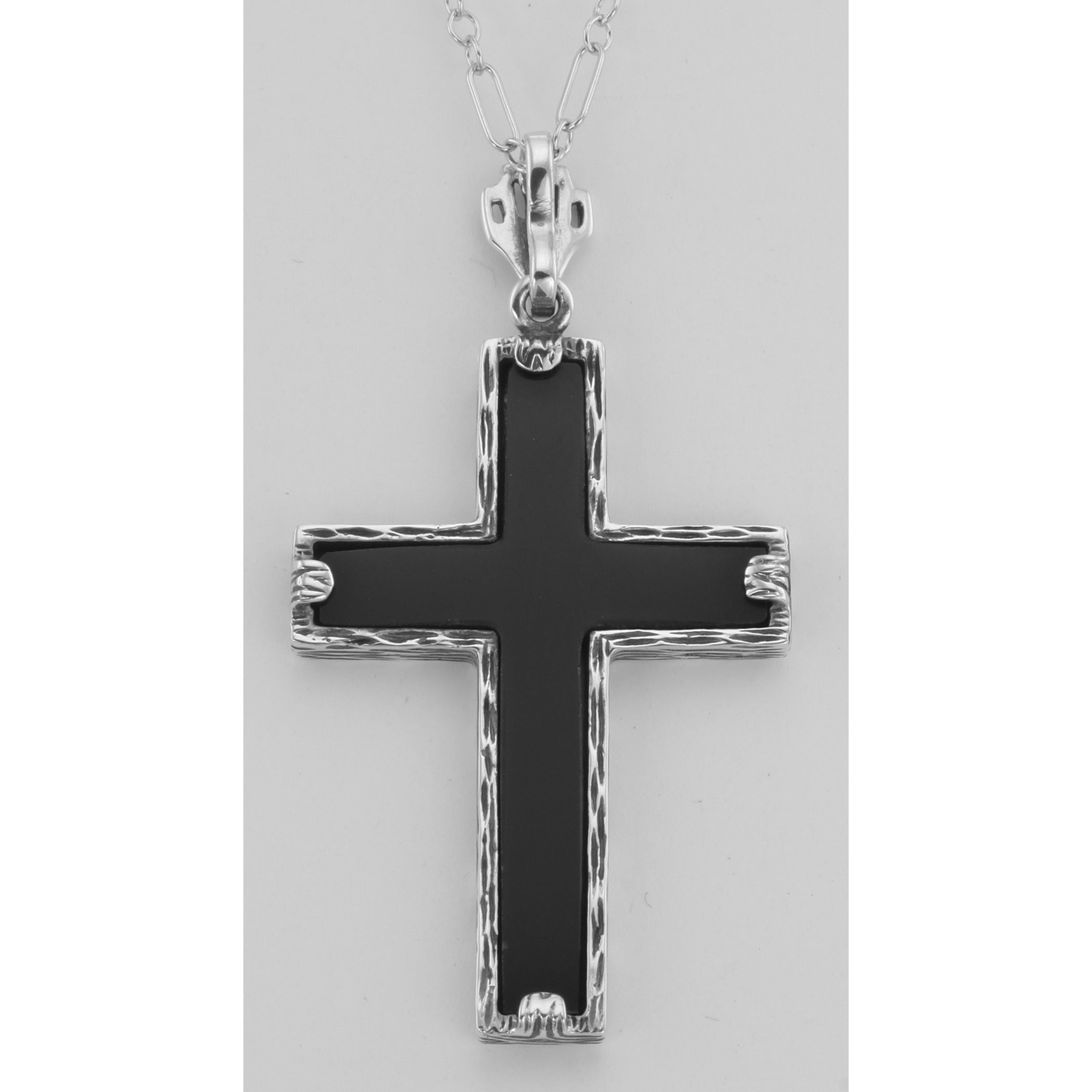 Back view of Black Onyx Cross Pendant with 18 Inch Chain showing 925 sterling silver hallmark and spring ring clasp