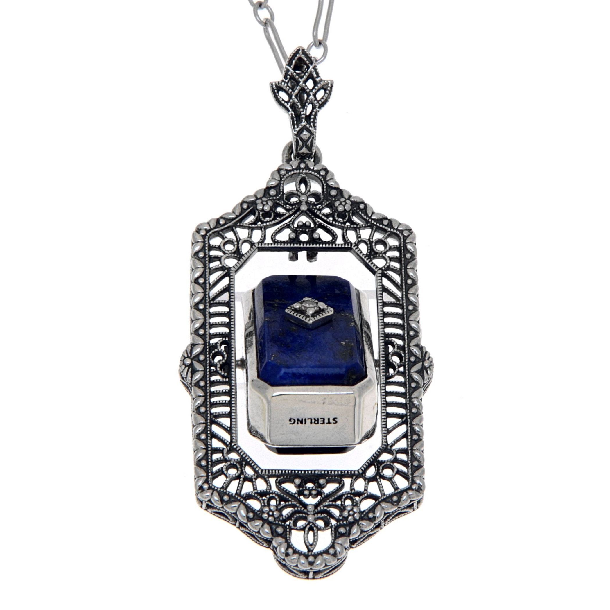 Detail view of Victorian Black Onyx or Blue Lapis Diamond Flip Pendant Sterling Silver highlighting Diamond, Black Onyx