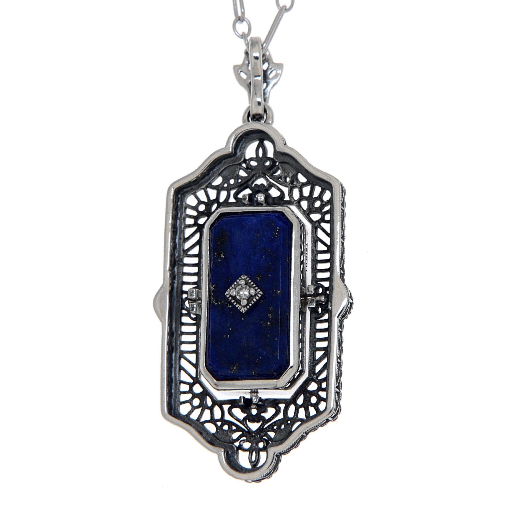 Detail view of Victorian Black Onyx or Blue Lapis Diamond Flip Pendant Sterling Silver highlighting Diamond, Black Onyx