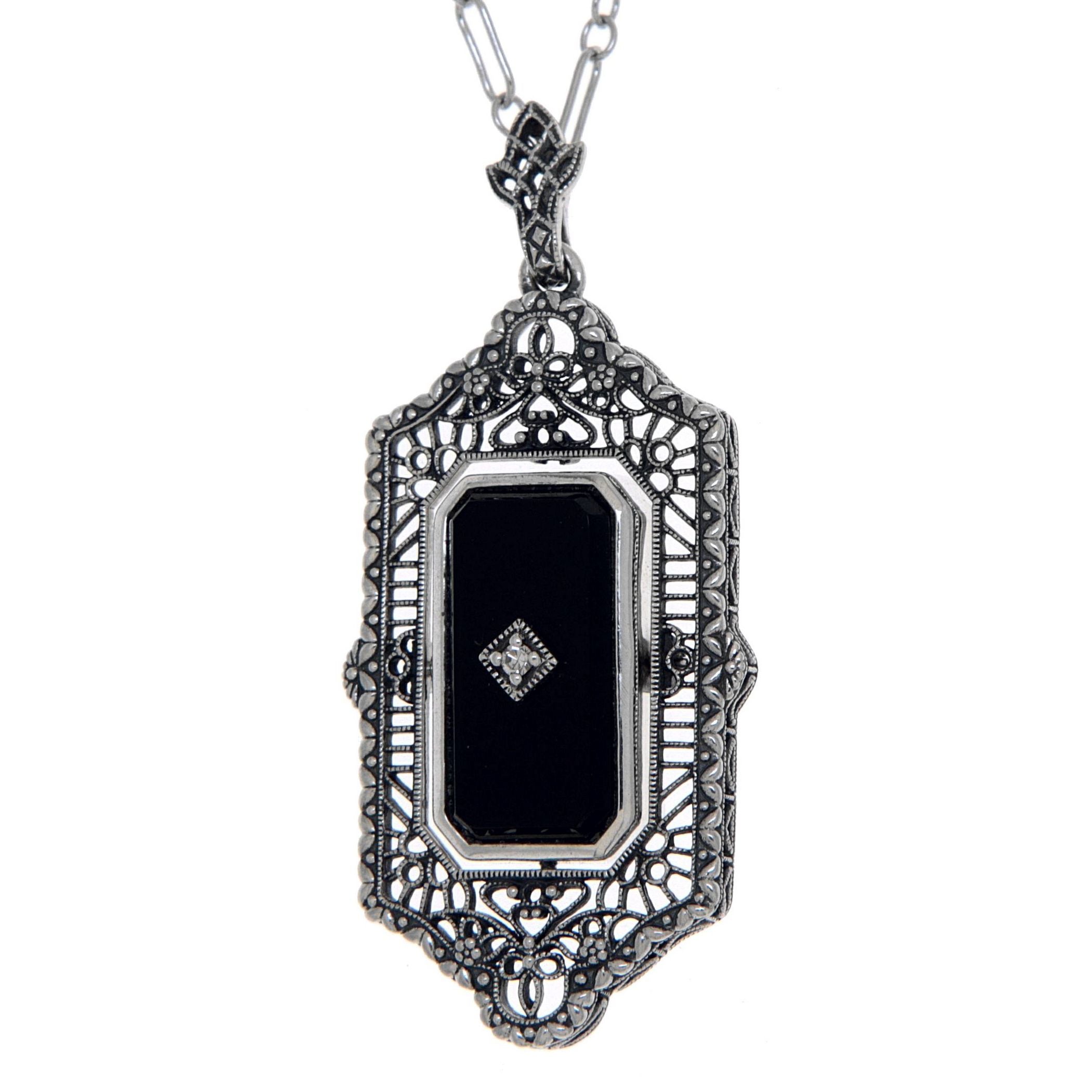 Detail view of Victorian Black Onyx or Blue Lapis Diamond Flip Pendant Sterling Silver highlighting Diamond, Black Onyx