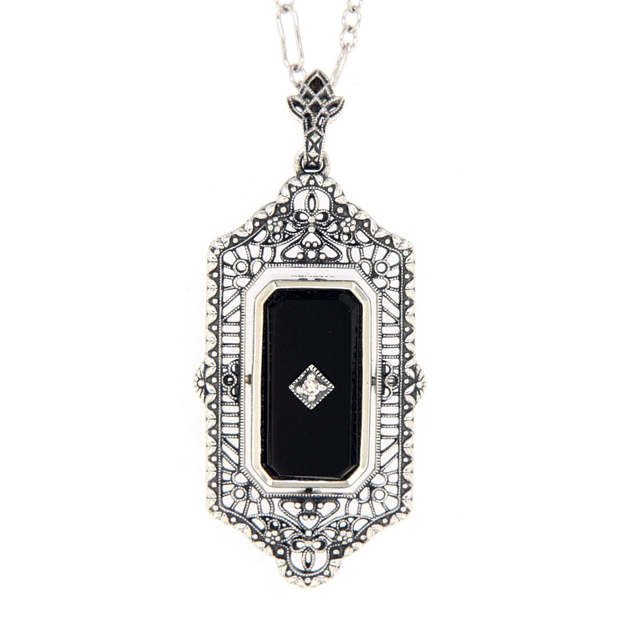 Back view of Victorian Black Onyx or Blue Lapis Diamond Flip Pendant Sterling Silver showing 925 sterling silver hallmark and