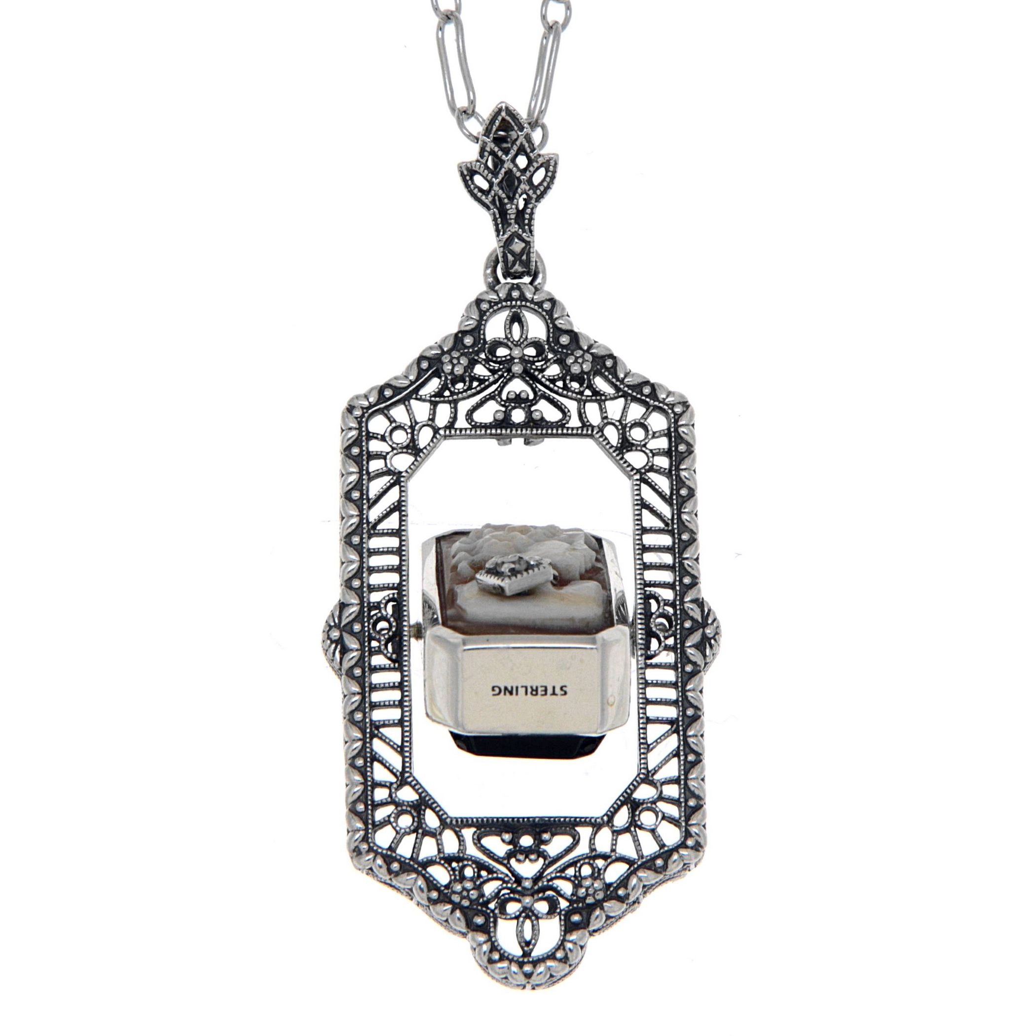 Back view of Italian Cameo / Black Onyx Diamond Flip Pendant with Chain Sterling Silver showing 925 sterling silver hallmark 