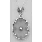 Back view of Antique Style Camphor Glass Crystal Filigree Diamond Pendant showing 925 sterling silver hallmark and spring rin