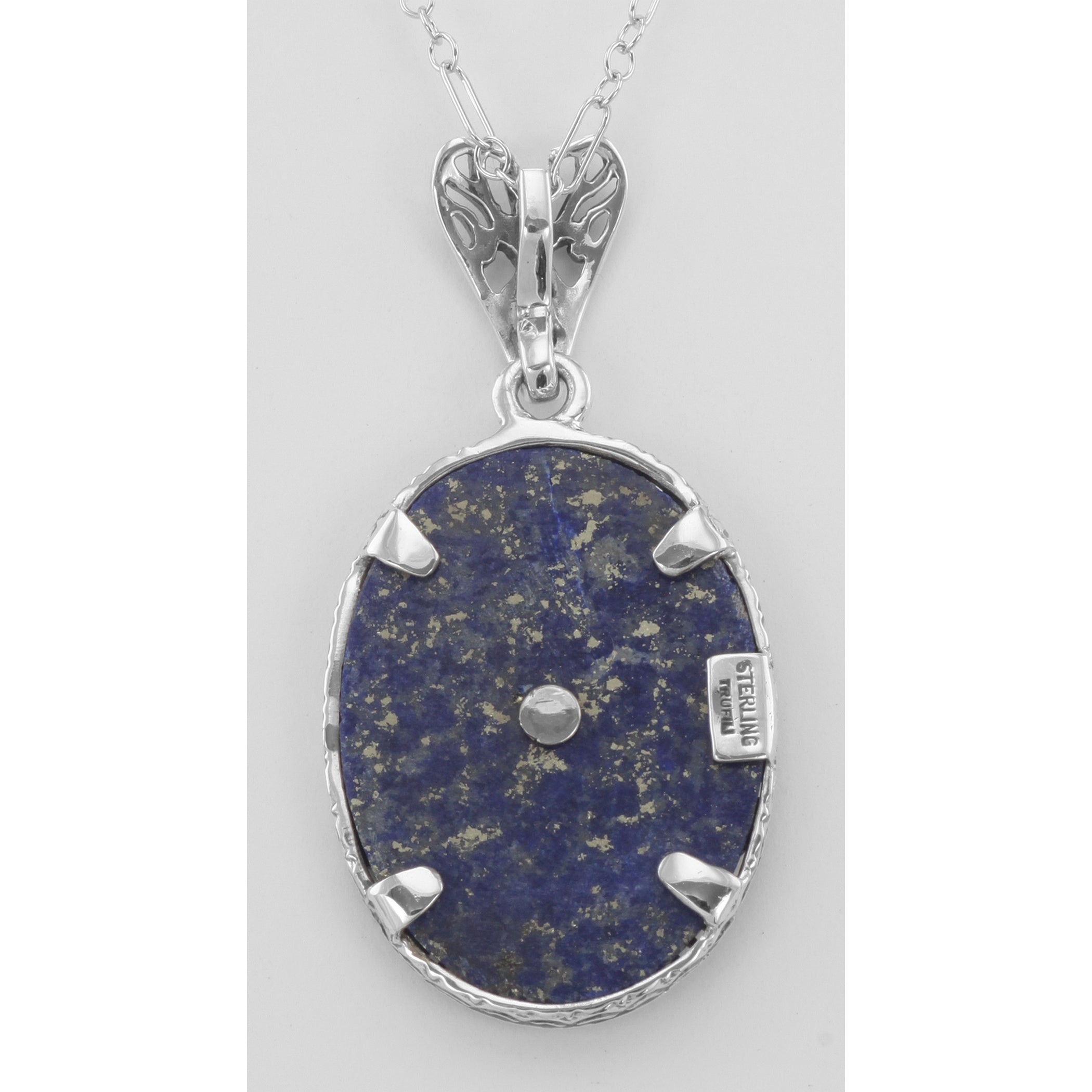 Back view of Antique Victorian Style Blue Lapis Filigree Diamond Pendant showing 925 sterling silver hallmark and spring ring