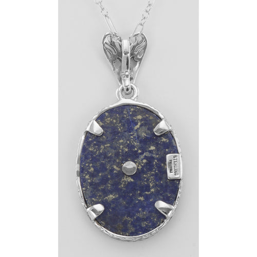 Back view of Antique Victorian Style Blue Lapis Filigree Diamond Pendant showing 925 sterling silver hallmark and spring ring