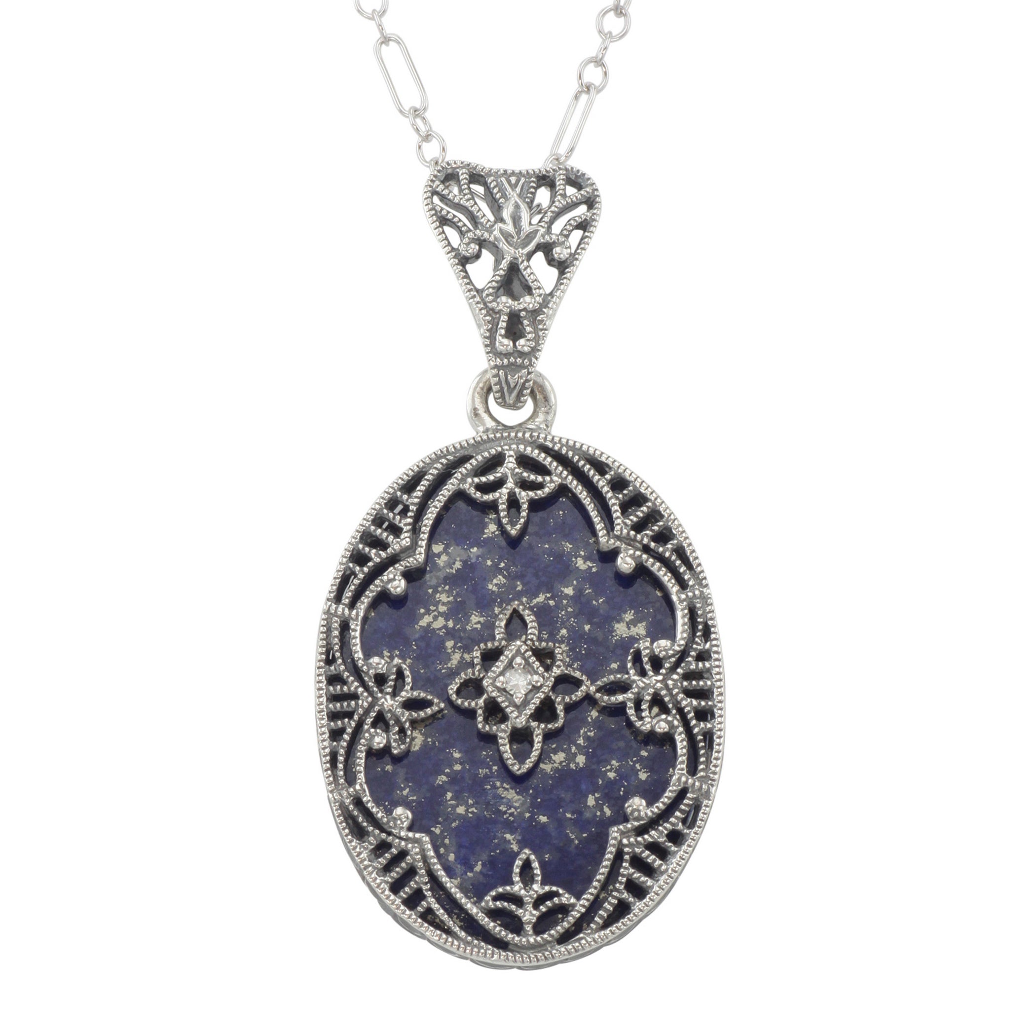 Victorian style, Diamond, Lapis, sterling silver pendants, front view