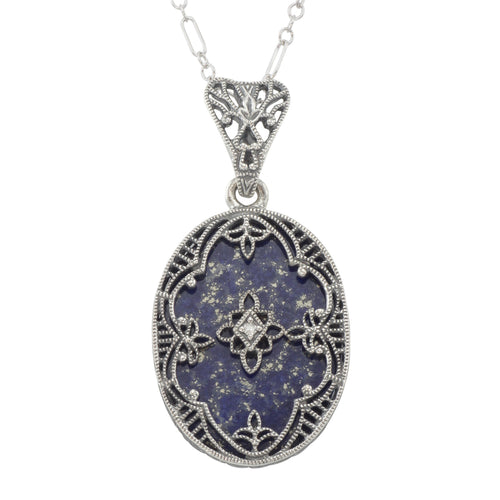Victorian style, Diamond, Lapis, sterling silver pendants, front view