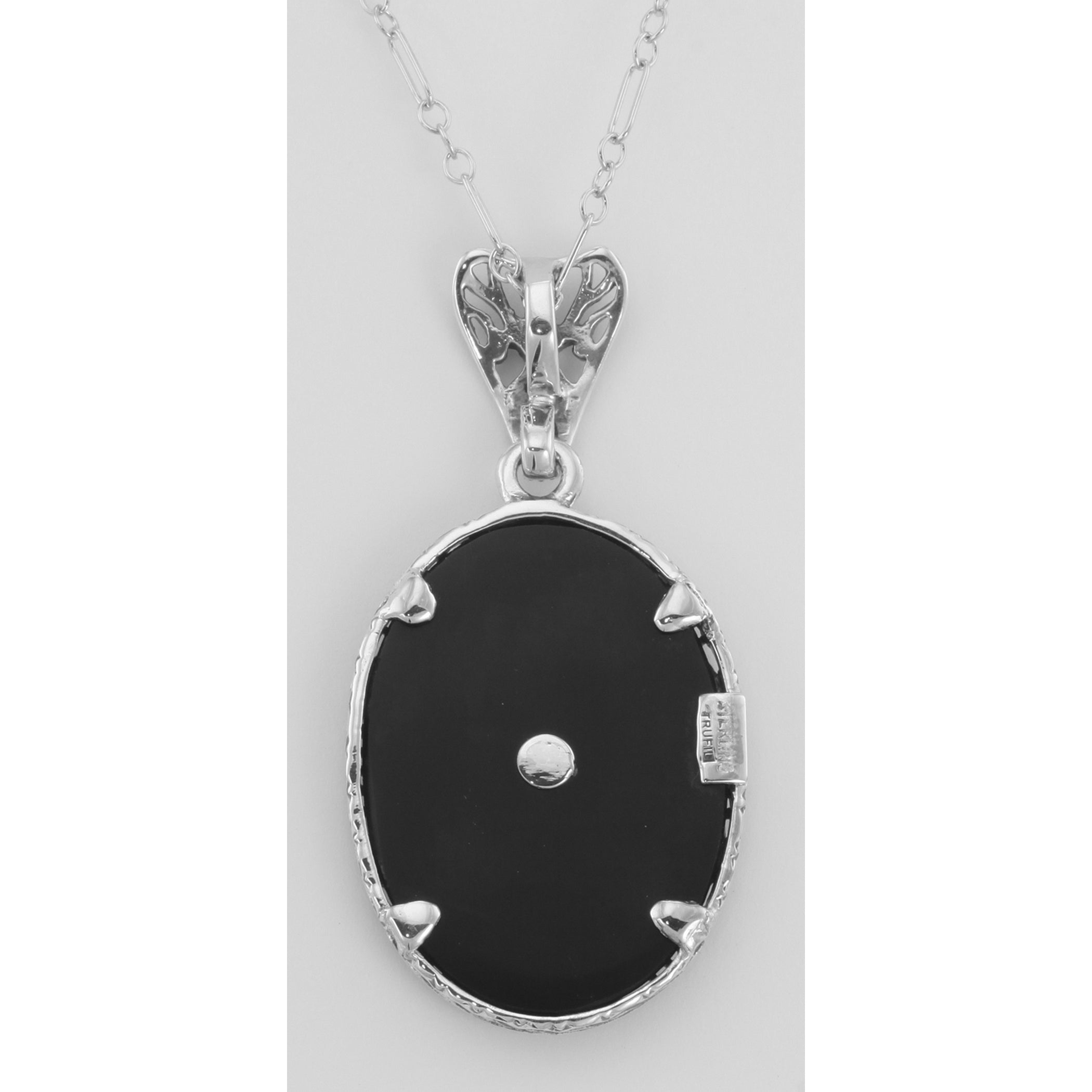 Back view of Antique Victorian Style Black Onyx Filigree Diamond Pendant showing 925 sterling silver hallmark and spring ring