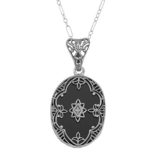 Victorian style, Diamond, Black Onyx, sterling silver pendants, front view