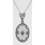 Back view of Antique Style Sunray Crystal Filigree Diamond Pendant showing 925 sterling silver hallmark and spring ring clasp