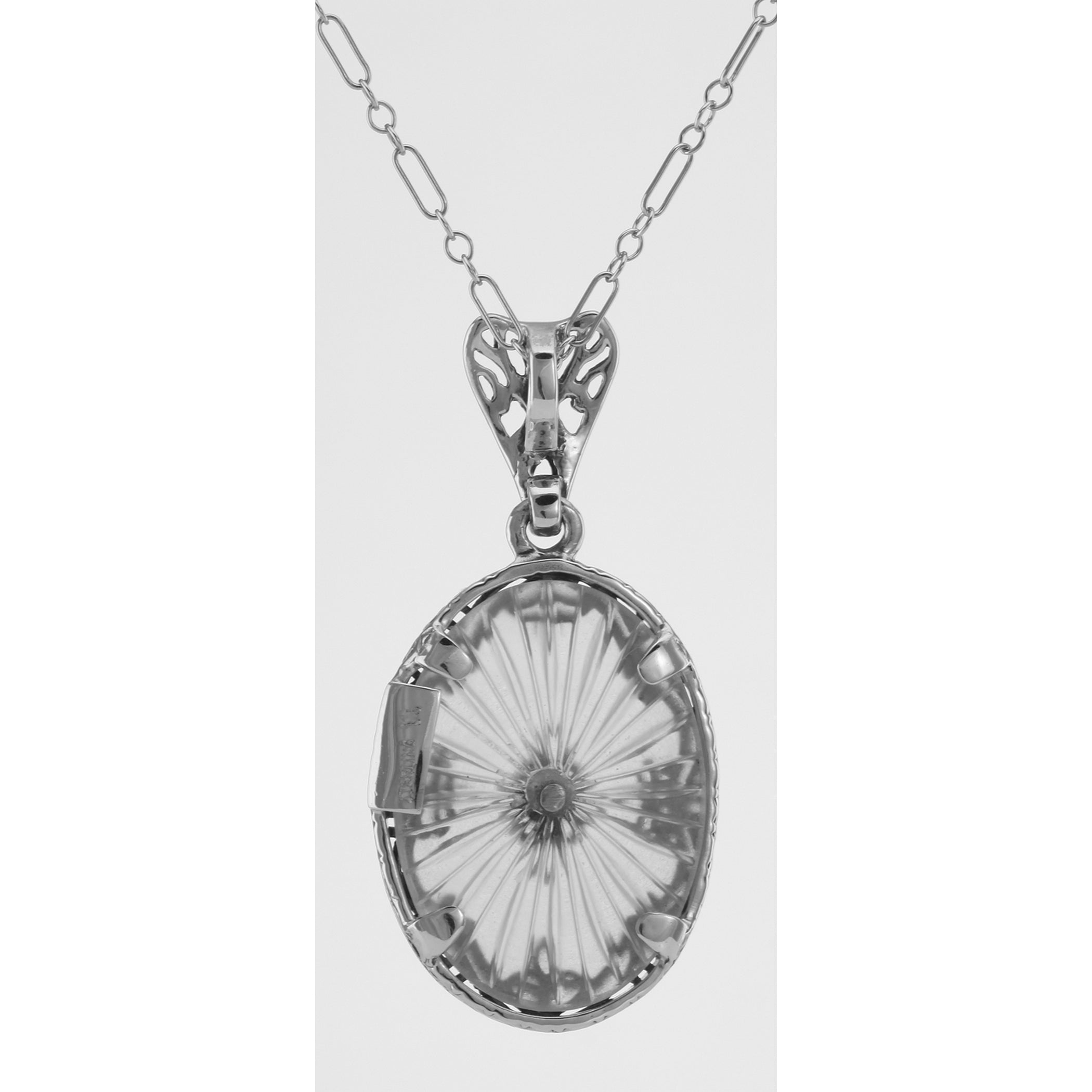 Back view of Antique Style Sunray Crystal Filigree Diamond Pendant showing 925 sterling silver hallmark and spring ring clasp