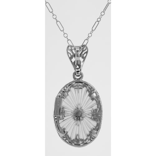 Back view of Antique Style Sunray Crystal Filigree Diamond Pendant showing 925 sterling silver hallmark and spring ring clasp