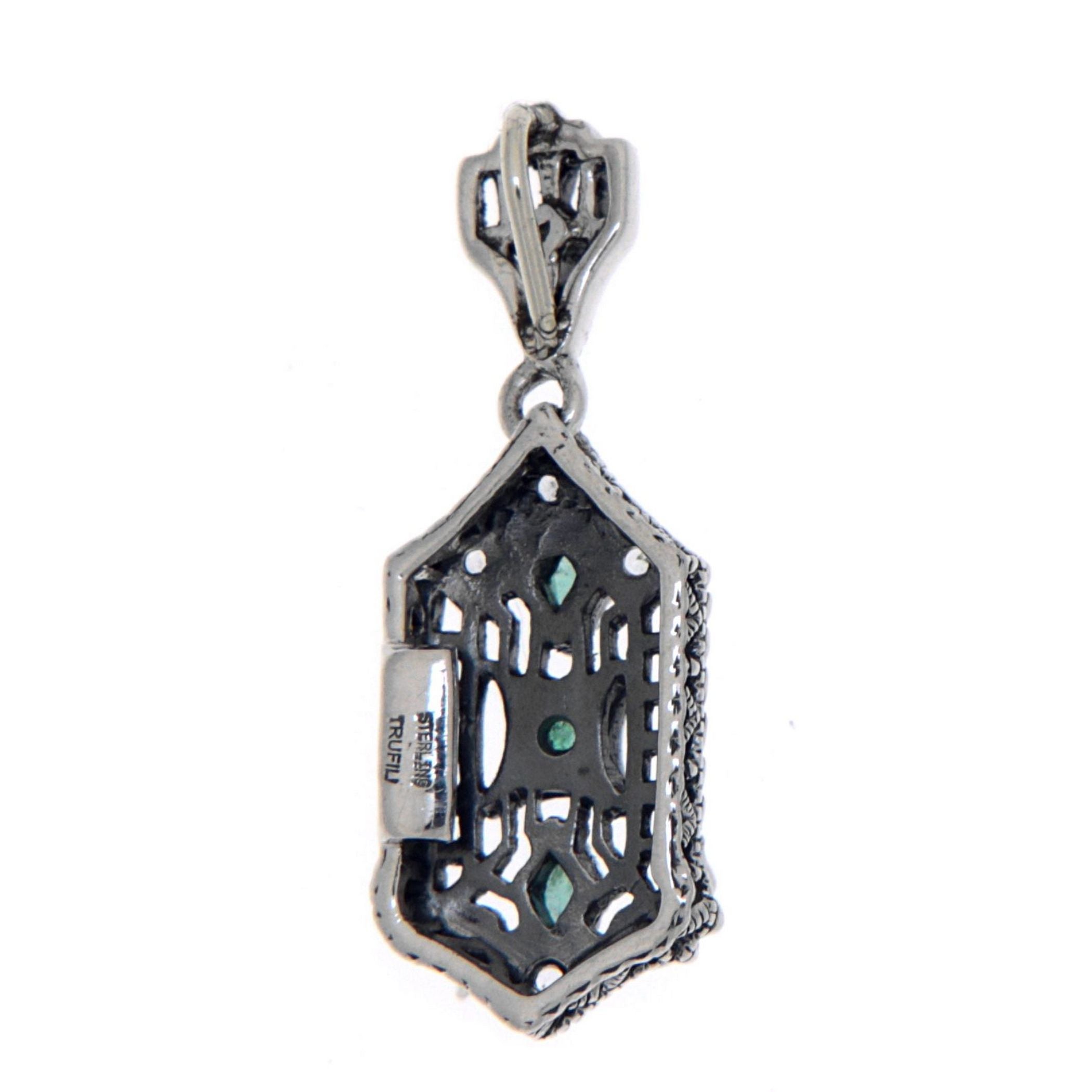 Back view of Art Deco Genuine Emerald and White Topaz Filigree Pendant Sterling Silver showing 925 sterling silver hallmark a