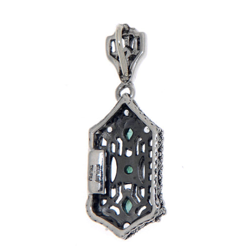 Back view of Art Deco Genuine Emerald and White Topaz Filigree Pendant Sterling Silver showing 925 sterling silver hallmark a