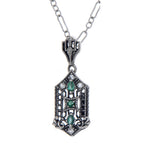 Art Deco style, White Topaz, Emerald, sterling silver pendants, front view