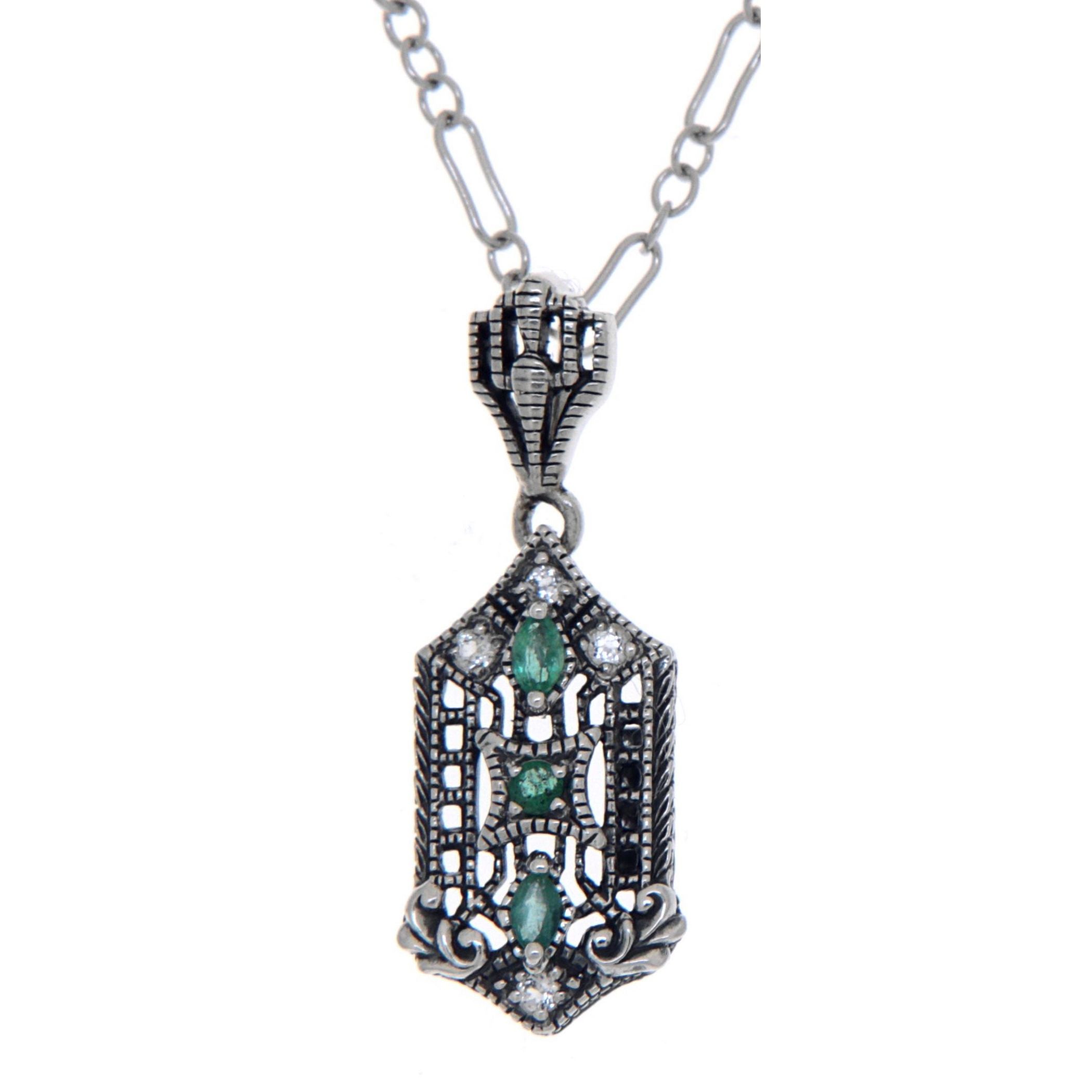 Art Deco style, White Topaz, Emerald, sterling silver pendants, front view