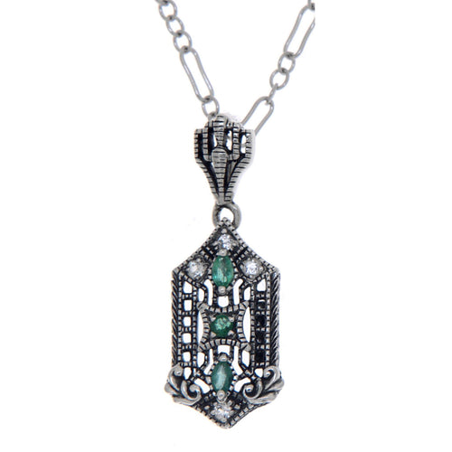 Art Deco style, White Topaz, Emerald, sterling silver pendants, front view