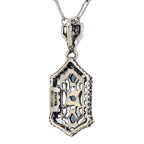 Back view of Art Deco London Blue and White Topaz Filigree Pendant showing 925 sterling silver hallmark and spring ring clasp