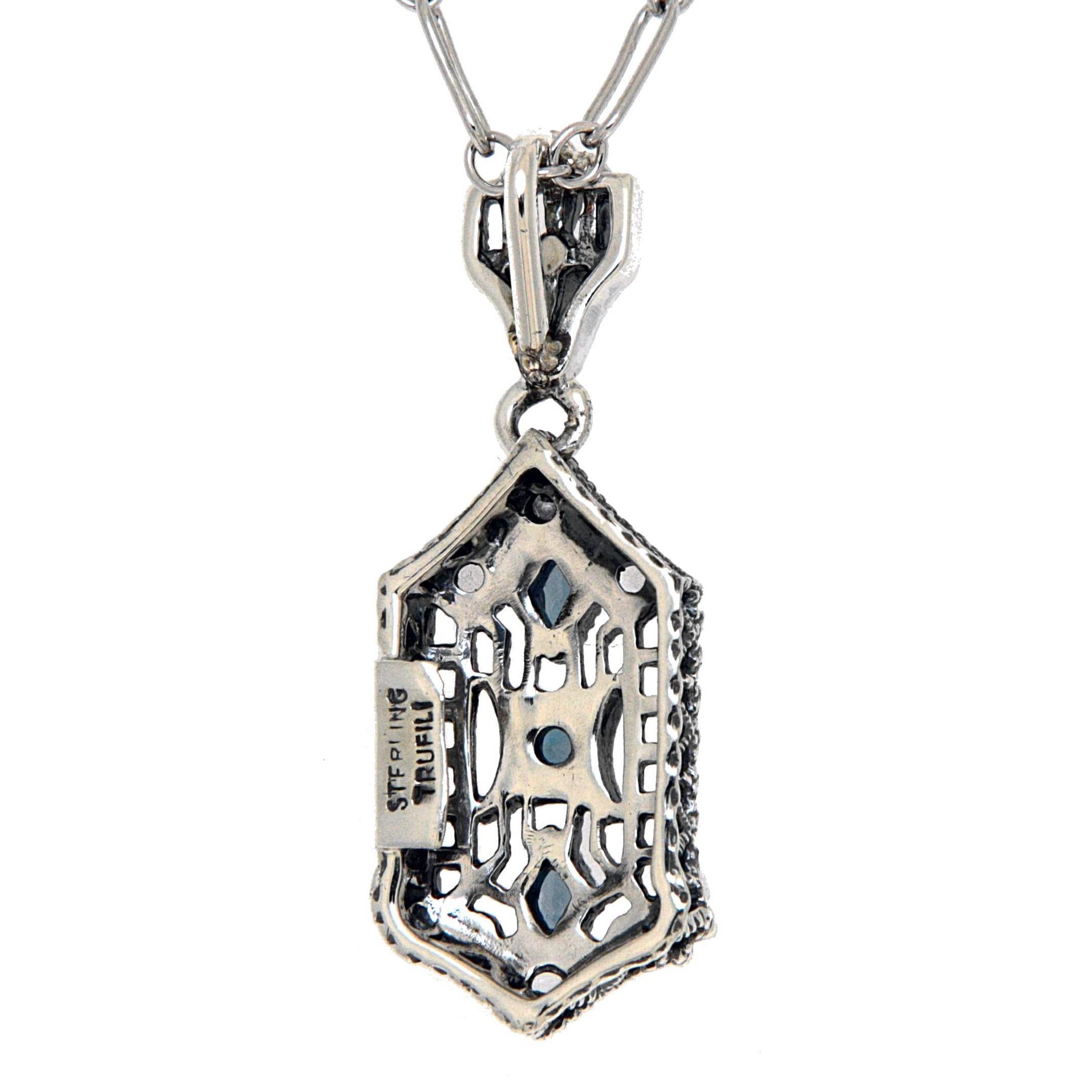 Back view of Art Deco London Blue and White Topaz Filigree Pendant showing 925 sterling silver hallmark and spring ring clasp