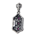 Back view of Art Deco Genuine Red Ruby and White Topaz Filigree Pendant Sterling Silver showing 925 sterling silver hallmark 