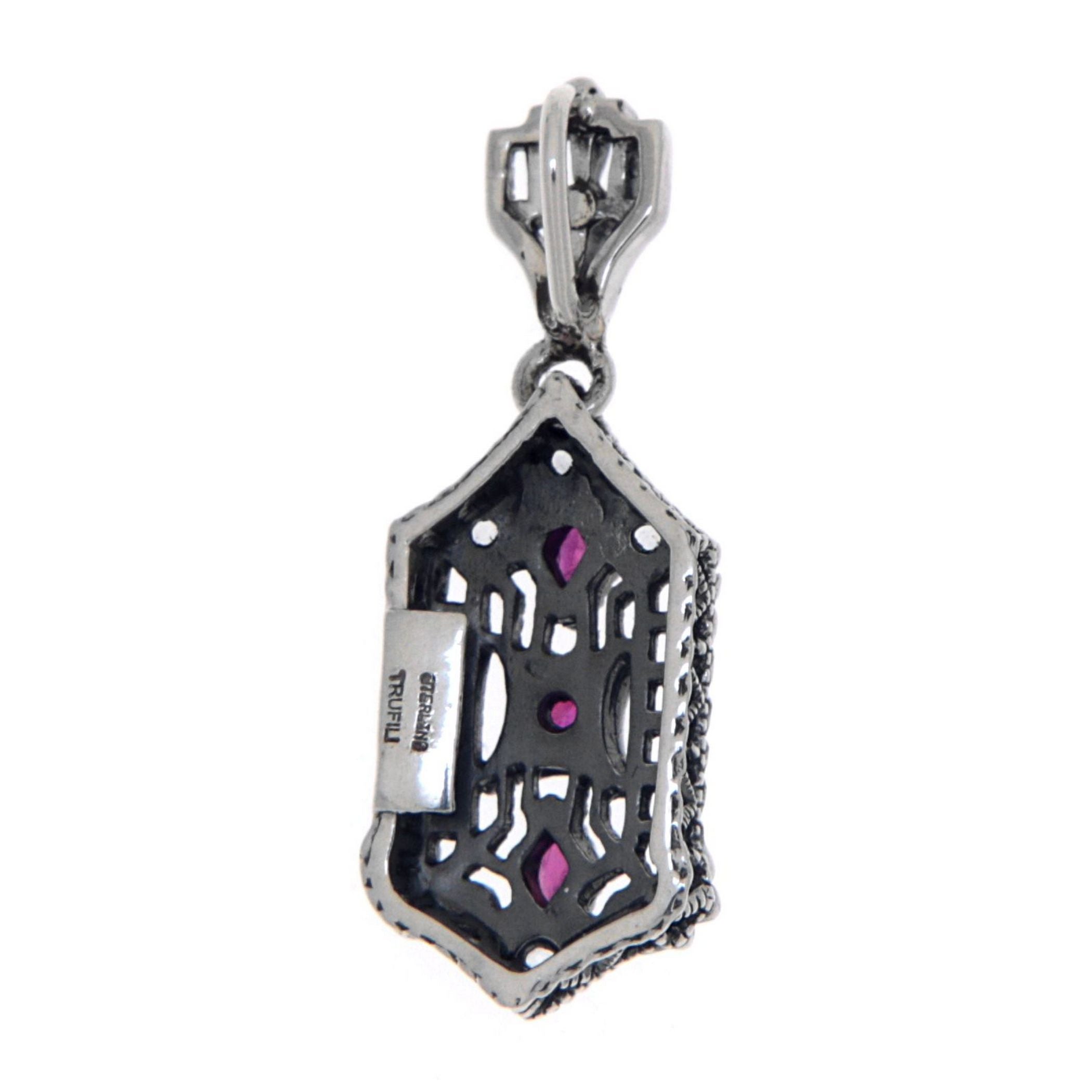 Back view of Art Deco Genuine Red Ruby and White Topaz Filigree Pendant Sterling Silver showing 925 sterling silver hallmark 