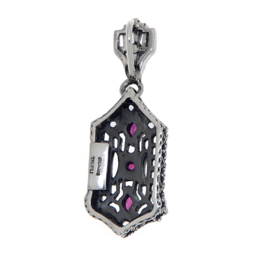 Back view of Art Deco Genuine Red Ruby and White Topaz Filigree Pendant Sterling Silver showing 925 sterling silver hallmark 