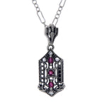 Art Deco style, White Topaz, Ruby, sterling silver pendants, front view