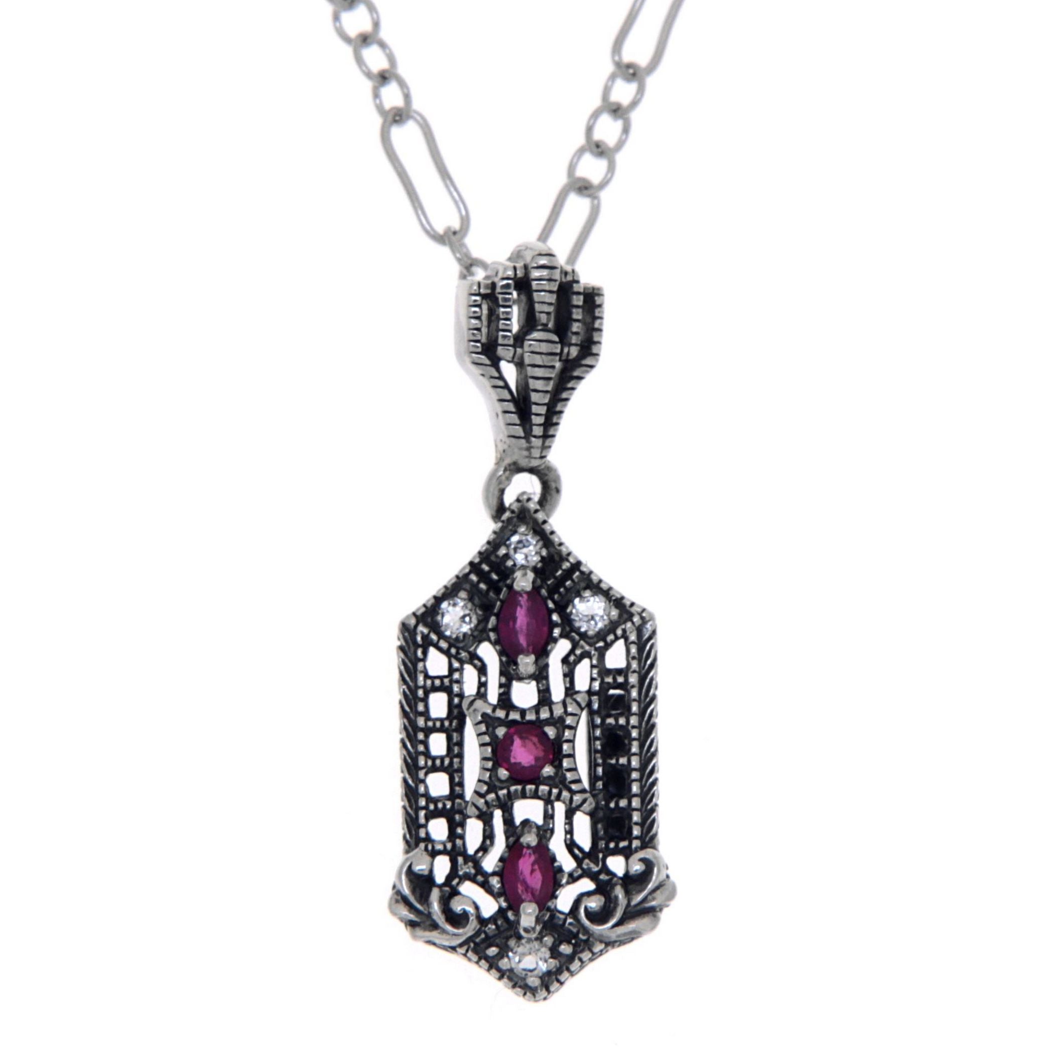 Art Deco style, White Topaz, Ruby, sterling silver pendants, front view