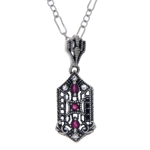 Art Deco style, White Topaz, Ruby, sterling silver pendants, front view