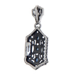 Back view of Art Deco Blue Sapphire and White Topaz Filigree Pendant showing 925 sterling silver hallmark and spring ring cla