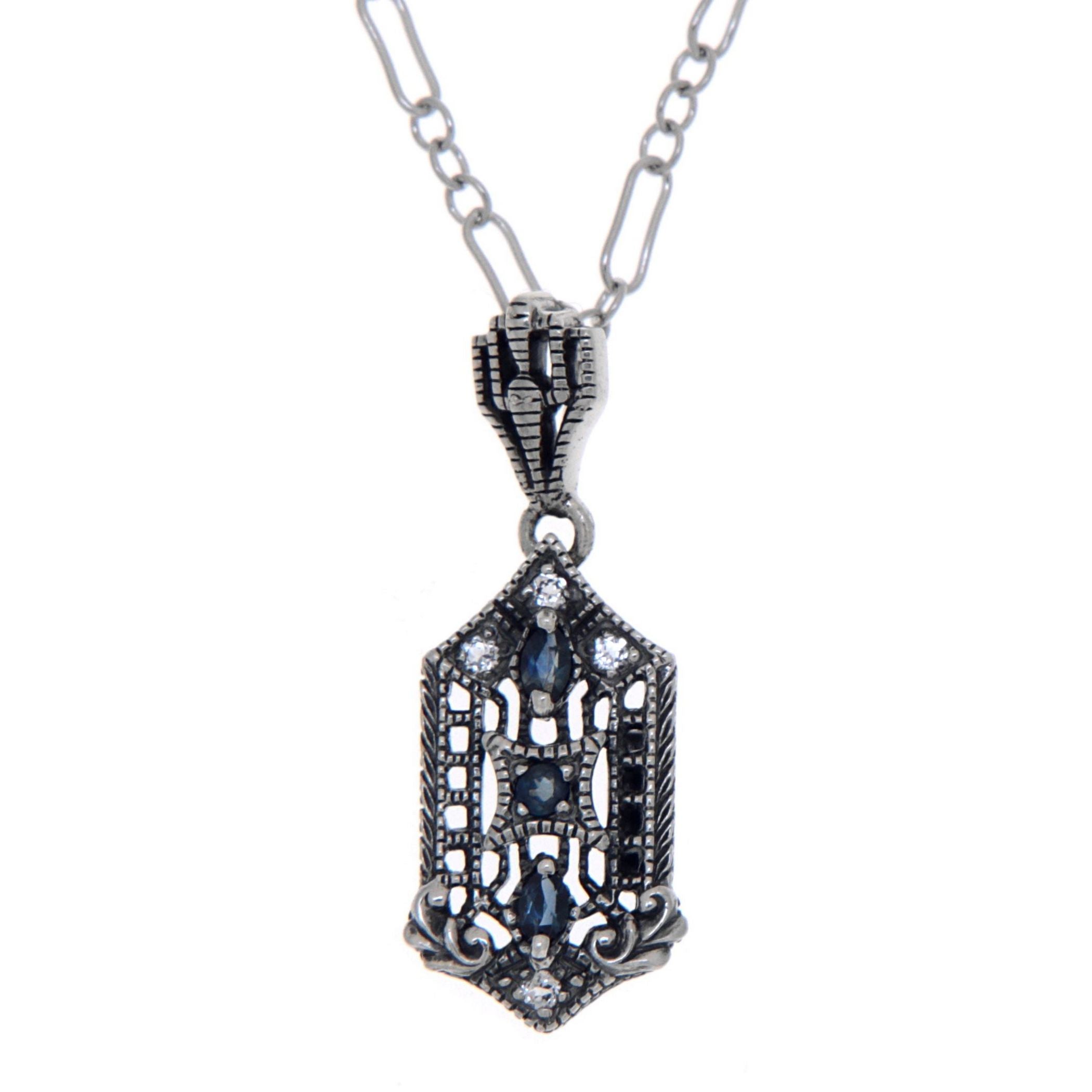 Art Deco style, White Topaz, Sapphire, sterling silver pendants, front view