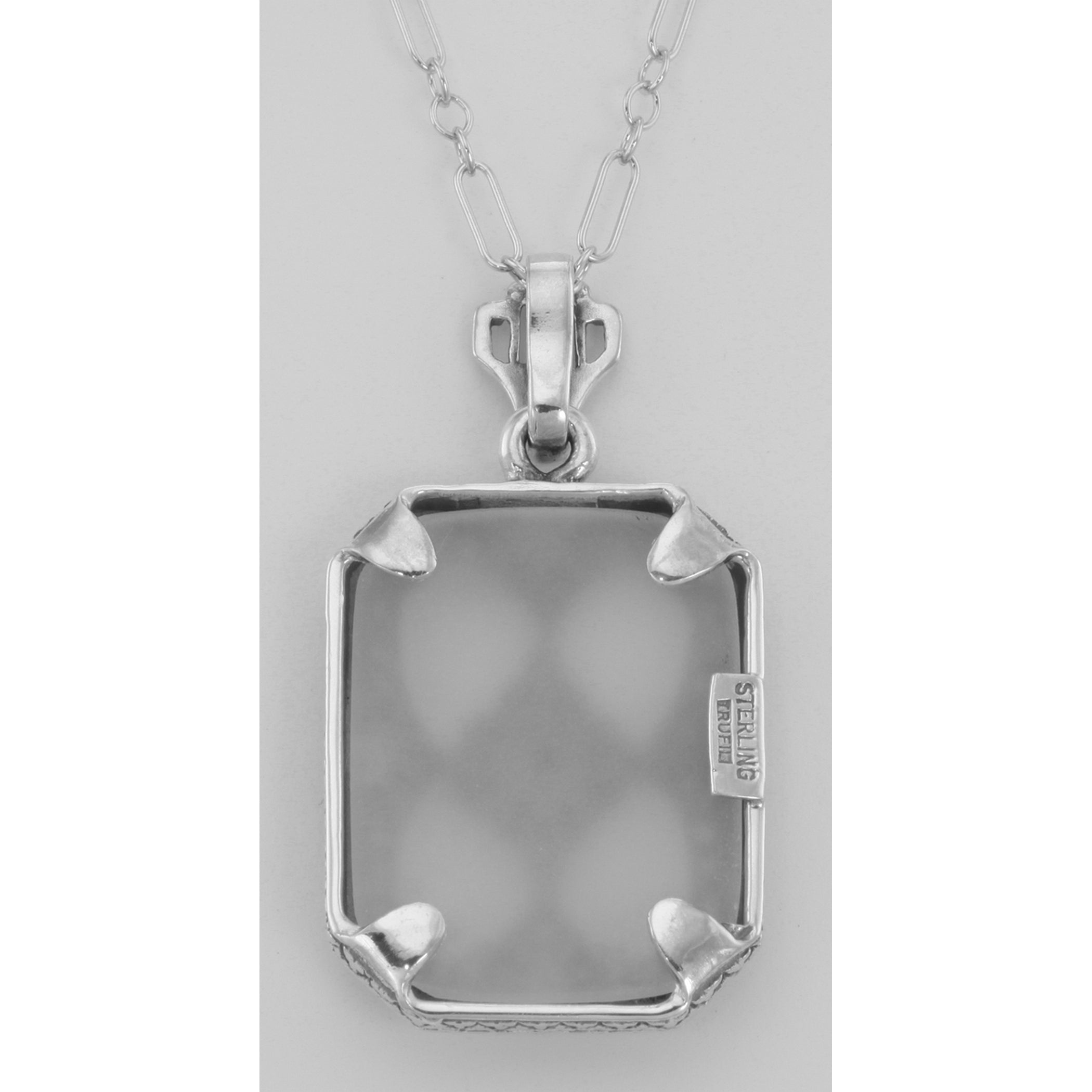Back view of Victorian Style Camphor Glass Crystal Filigree Diamond Pendant Sterling Silver showing 925 sterling silver hallm