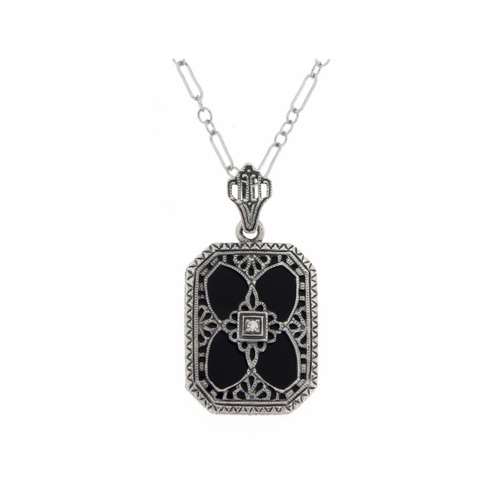 Victorian style, Diamond, Black Onyx, sterling silver pendants, front view
