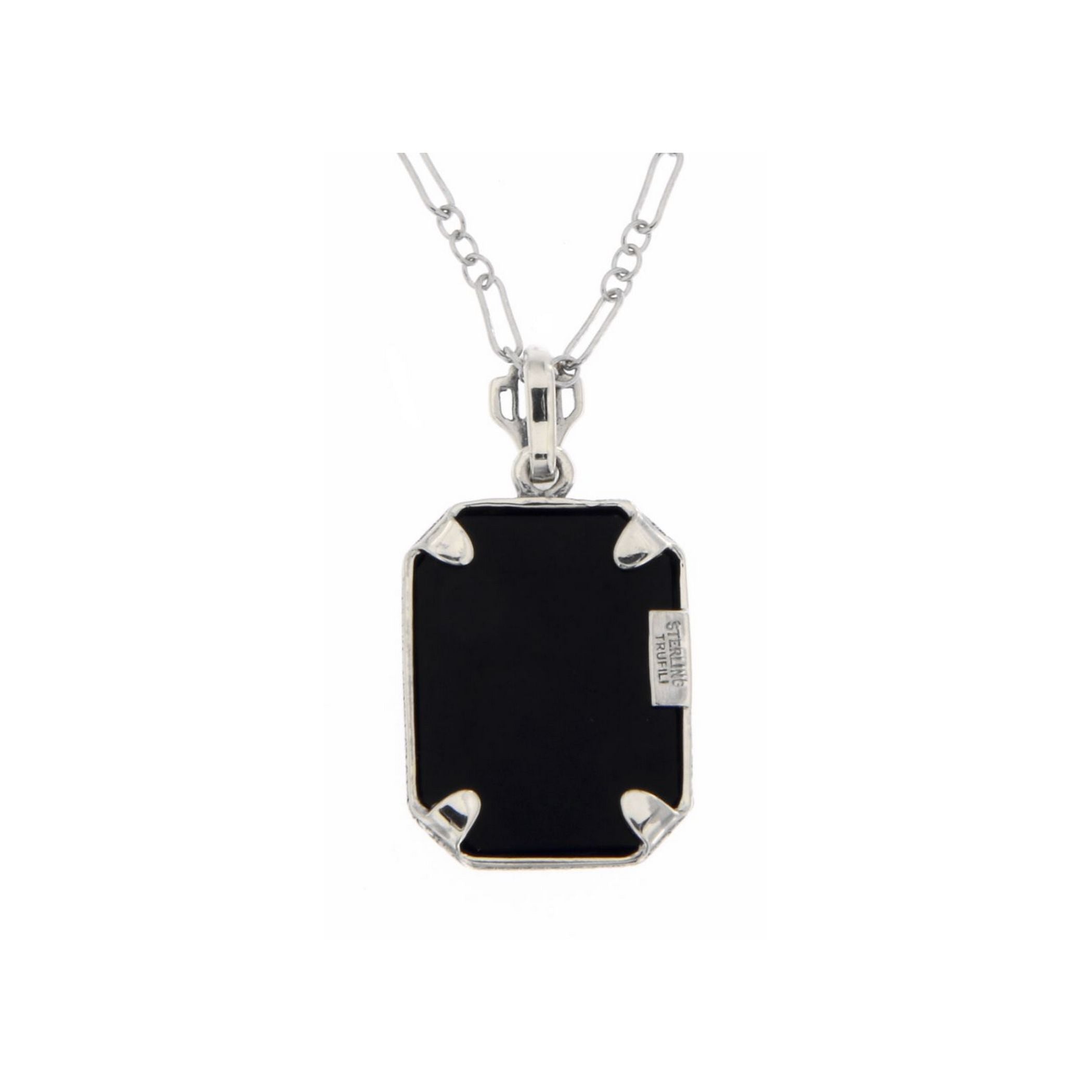 Back view of Victorian Style Black Onyx Filigree Diamond Pendant Sterling Silver showing 925 sterling silver hallmark and spr
