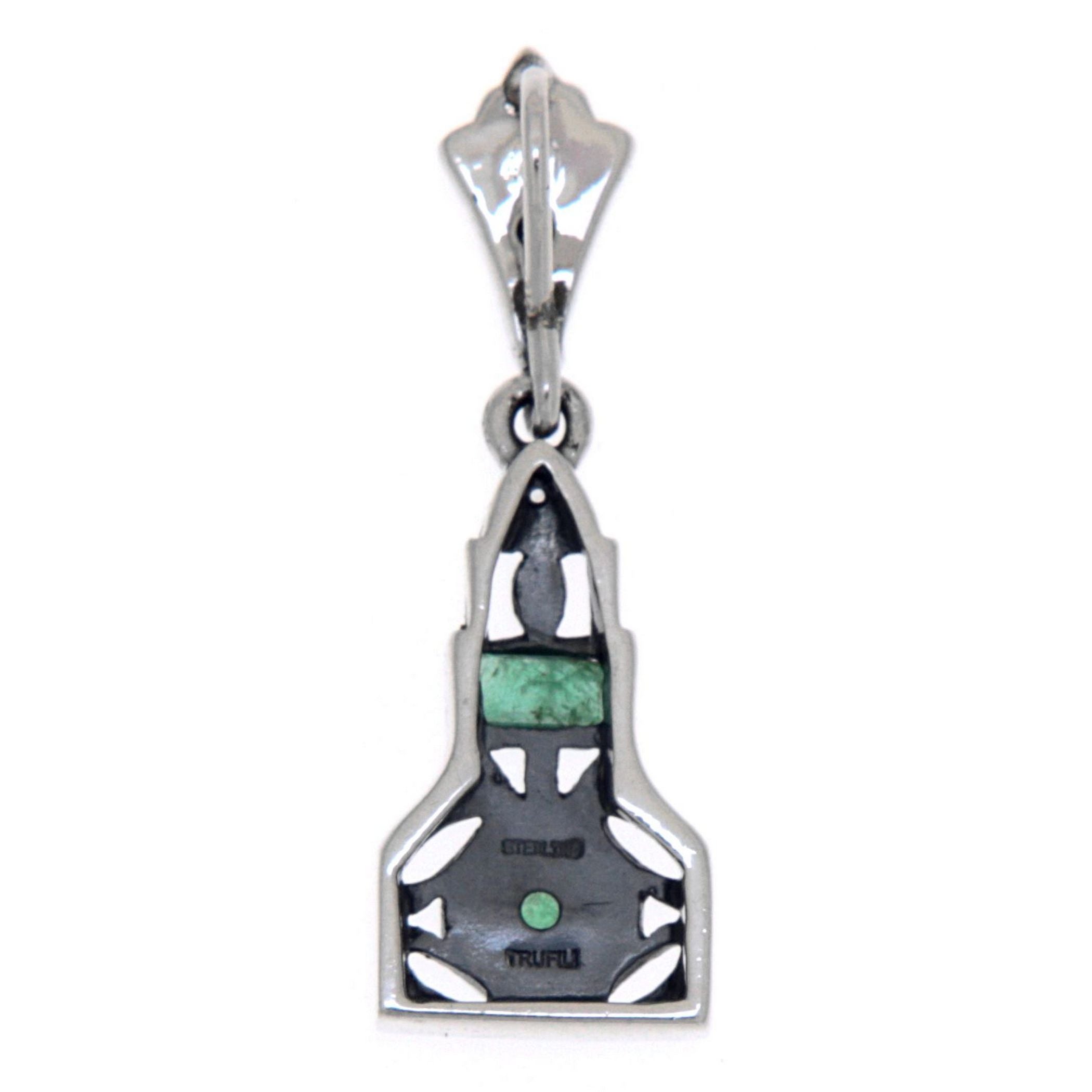 Back view of Art Deco Genuine Emerald and White Topaz Filigree Pendant Sterling Silver showing 925 sterling silver hallmark a