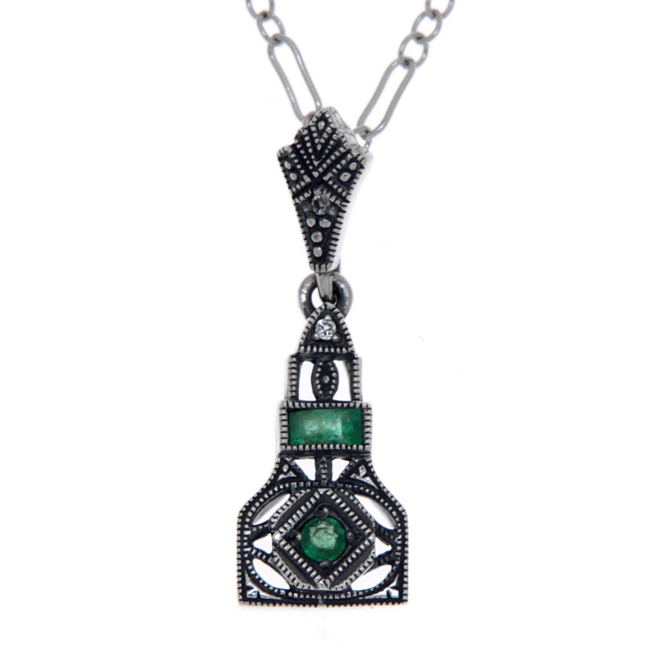 Art Deco style, White Topaz, Emerald, sterling silver pendants, front view
