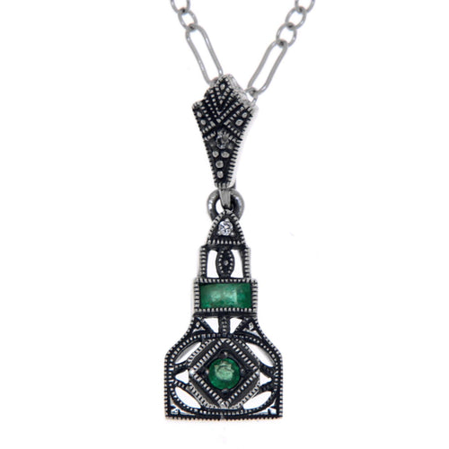 Art Deco style, White Topaz, Emerald, sterling silver pendants, front view
