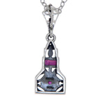 Back view of Art Deco Natural Red Ruby and White Topaz Filigree Pendant Sterling Silver showing 925 sterling silver hallmark 