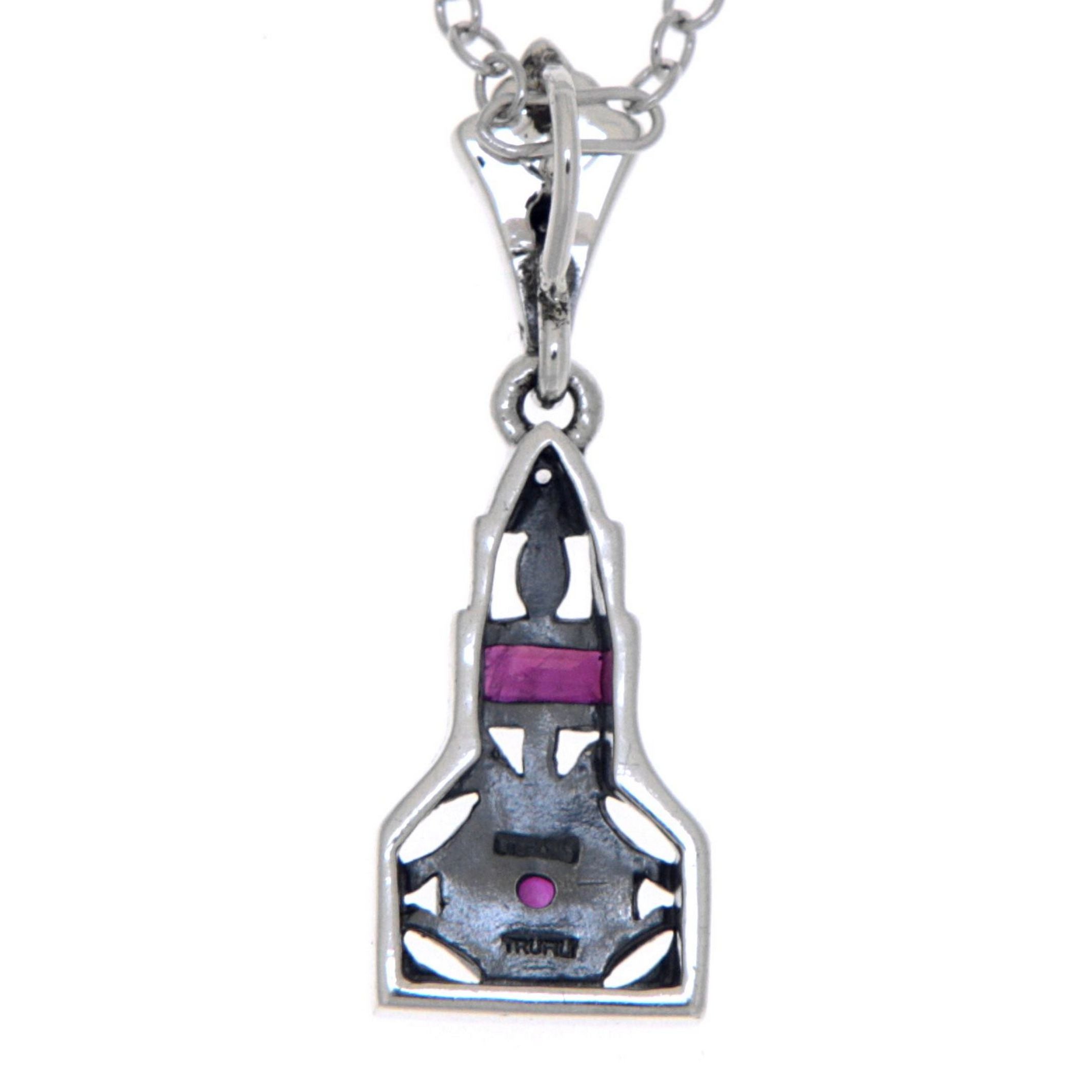 Back view of Art Deco Natural Red Ruby and White Topaz Filigree Pendant Sterling Silver showing 925 sterling silver hallmark 